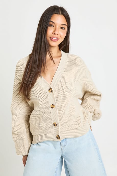 Balloon Sleeve Button Through Rib Cardigan - Image 1