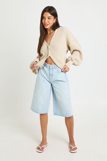 Balloon Sleeve Button Through Rib Cardigan - Image 3