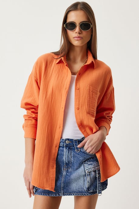 Oversized Textured Cotton Shirt with Pocket - Image 5