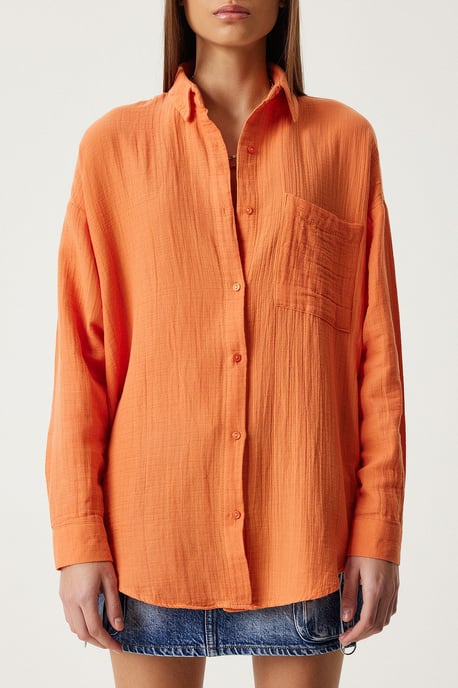 Oversized Textured Cotton Shirt with Pocket - Image 6