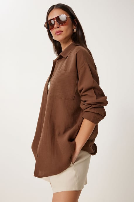 Oversized Textured Cotton Shirt with Pocket - Image 3