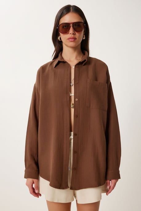 Oversized Textured Cotton Shirt with Pocket - Image 4