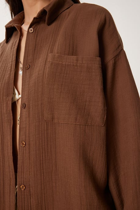 Oversized Textured Cotton Shirt with Pocket - Image 5