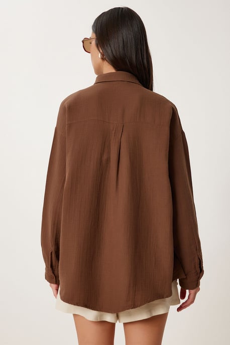 Oversized Textured Cotton Shirt with Pocket - Image 6