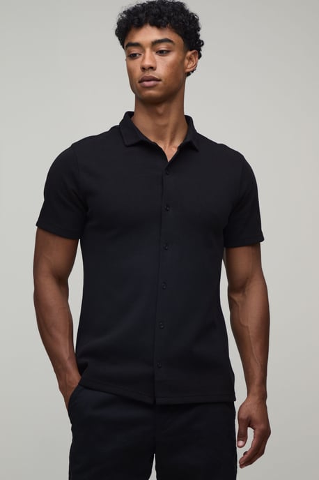 Slim Fit Pique Button Down Collar Jersey Shirt - Image 1