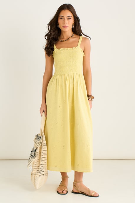 Yellow Embroidered Shierred Bodice Sun Dress - Image 1