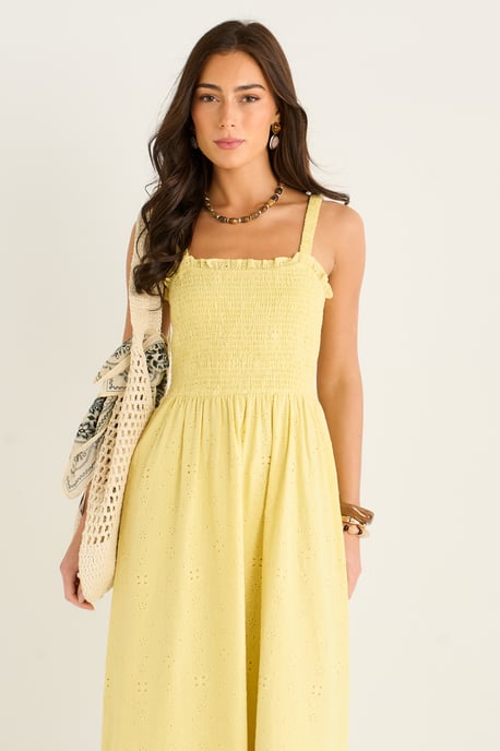 Yellow Embroidered Shierred Bodice Sun Dress - Image 2