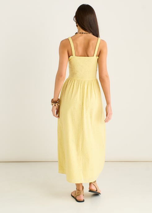 Yellow Embroidered Shierred Bodice Sun Dress - Image 3