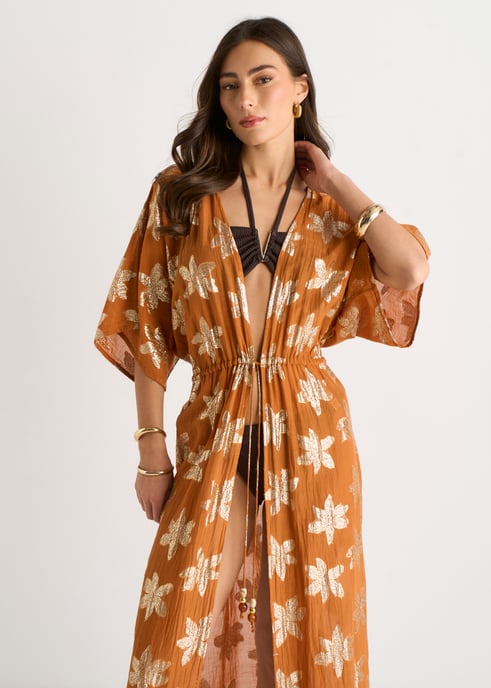 Oranje kaftan-kimono met bloemenprint en lurex, aan de voorkant te strikken - Image 2