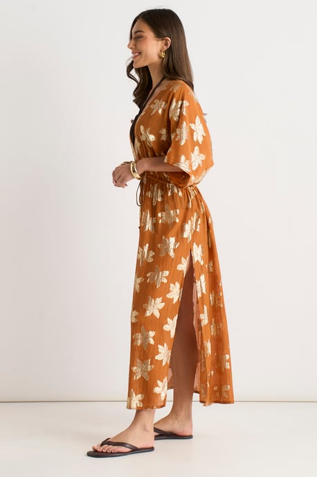 Oranje kaftan-kimono met bloemenprint en lurex, aan de voorkant te strikken - Image 3