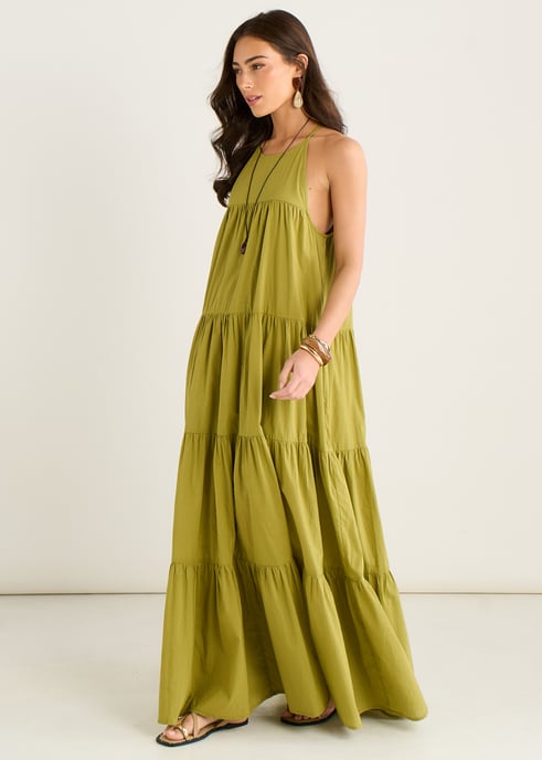 Khaki Tiered Halter Maxi Trapeze Dress - Image 3