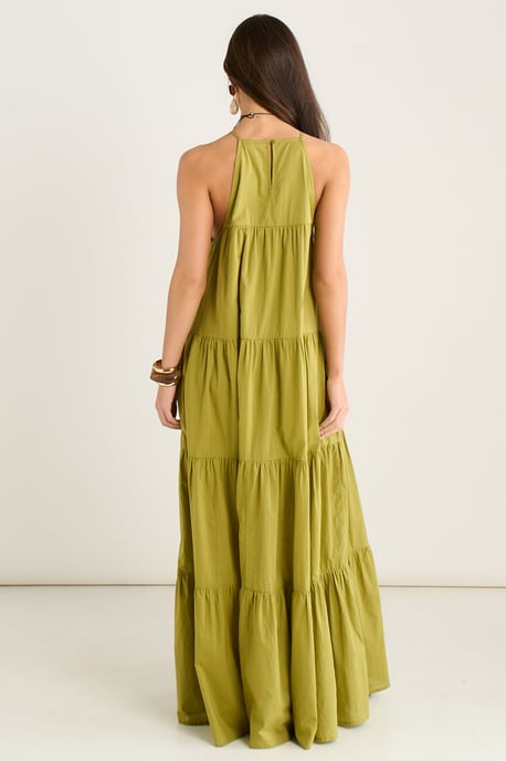 Khaki Tiered Halter Maxi Trapeze Dress - Image 4