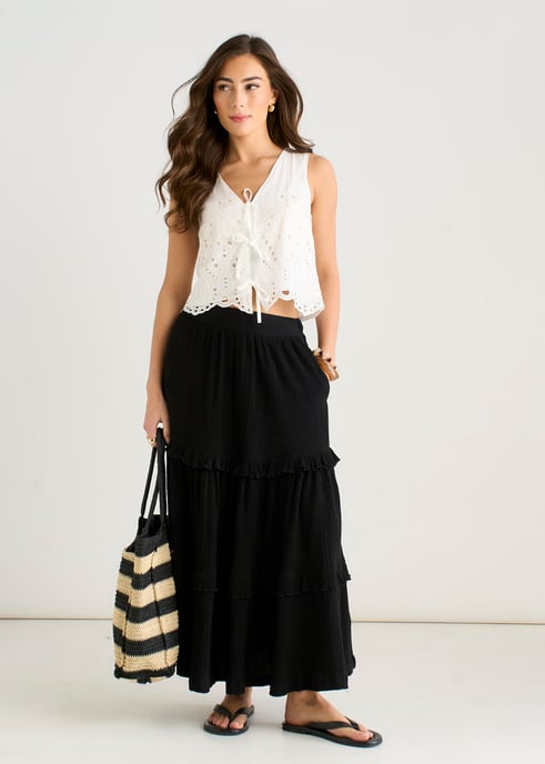 Black Tiered Cotton Skater Maxi Skirt - Image 1