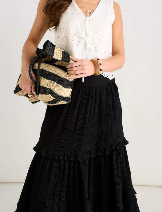 Black Tiered Cotton Skater Maxi Skirt - Image 3