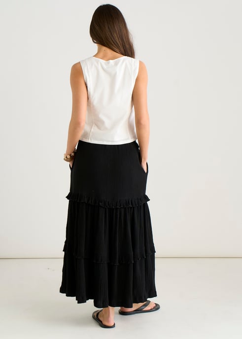 Black Tiered Cotton Skater Maxi Skirt - Image 4