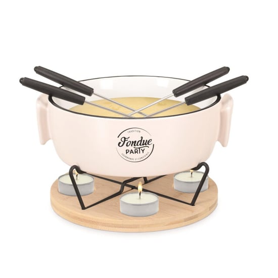 Casa di Elturo Fondue set voor 4 personen – porseleinen fonduepan met bamboe onderplaat – - Image 1