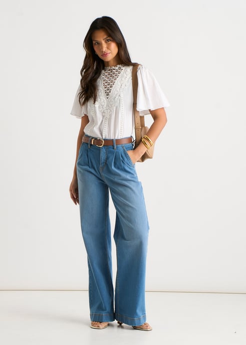 Blauwe jeans met plooien en wijde pijpen - Image 1
