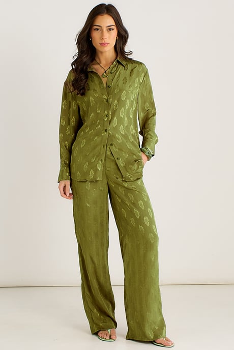 Khaki Floral Satin Jacquard Trousers - Image 1