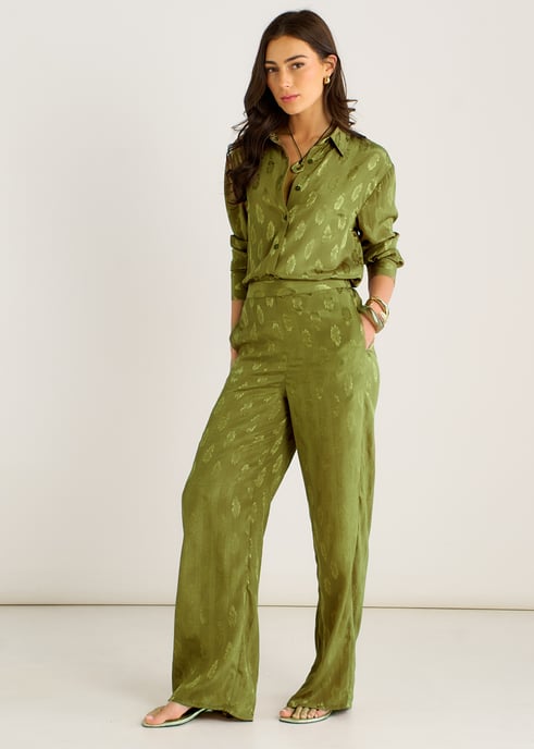 Khaki Floral Satin Jacquard Trousers - Image 3