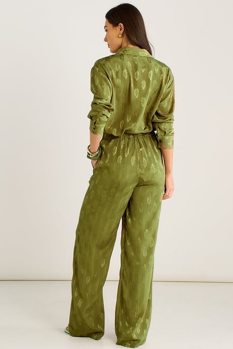 Khaki Floral Satin Jacquard Trousers - Image 4