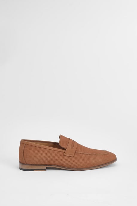 Tan Perforated Leather Penny Loafers - Image 2