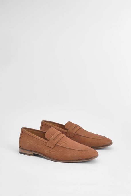 Tan Perforated Leather Penny Loafers - Image 3