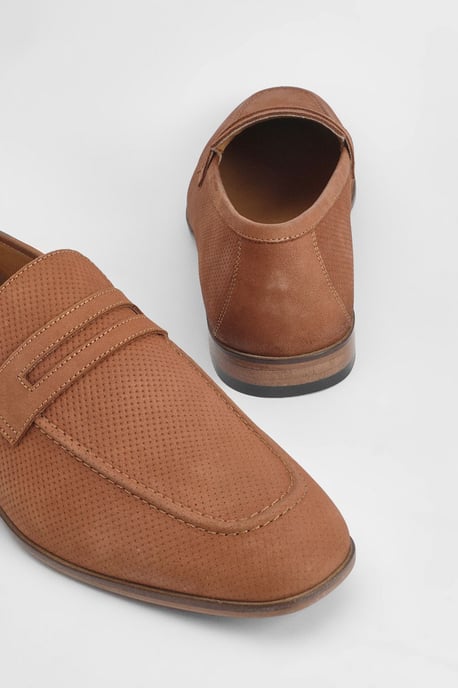 Tan Perforated Leather Penny Loafers - Image 4