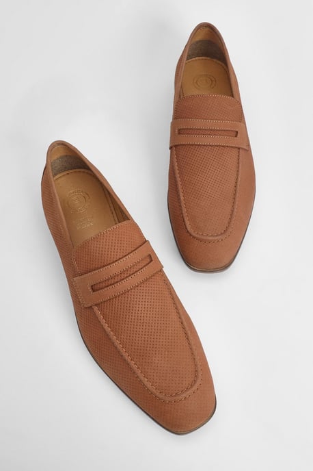 Tan Perforated Leather Penny Loafers - Image 5