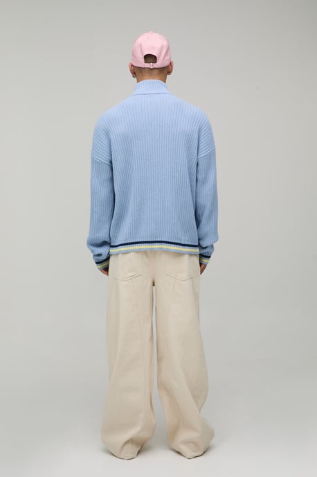 Funnel Neck Ribbed Embroidered Knitted Track Jacket - Image 2