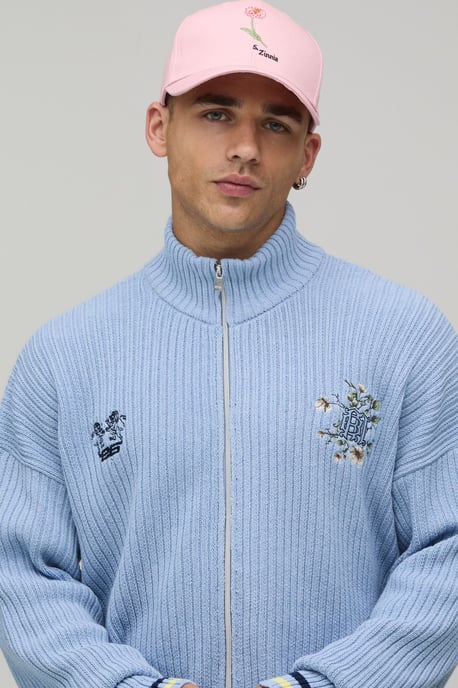 Funnel Neck Ribbed Embroidered Knitted Track Jacket - Image 3