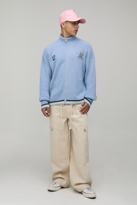 Funnel Neck Ribbed Embroidered Knitted Track Jacket - Image 4