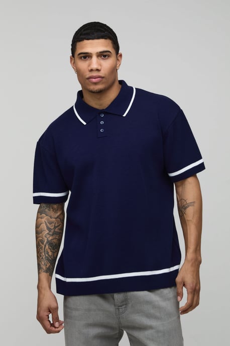 Essential Relaxed Fit Contrast Tip Knit Polo - Image 1