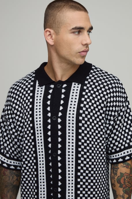 Boxy Regular Jacquard Border Knitted Shirt - Image 3