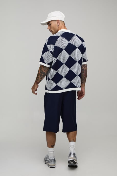 Relaxed Fit Open Stitch Diamond Crochet Knitted Shirt - Image 2