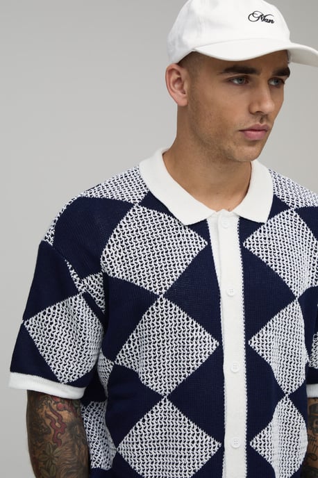 Relaxed Fit Open Stitch Diamond Crochet Knitted Shirt - Image 3