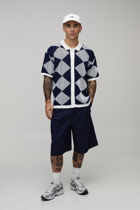 Relaxed Fit Open Stitch Diamond Crochet Knitted Shirt - Image 4