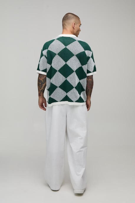 Relaxed Fit Open Stitch Diamond Crochet Knitted Shirt - Image 2