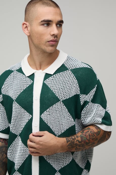 Relaxed Fit Open Stitch Diamond Crochet Knitted Shirt - Image 3