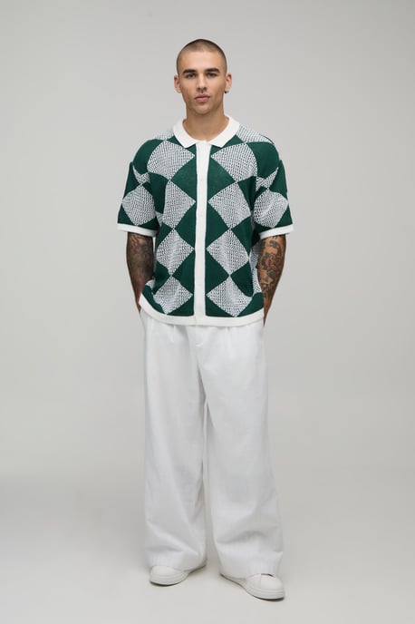 Relaxed Fit Open Stitch Diamond Crochet Knitted Shirt - Image 4