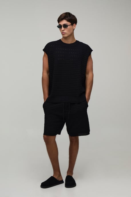 Oversized Open Stitch Cotton Blend Knitted Tank Short Set - Image 4