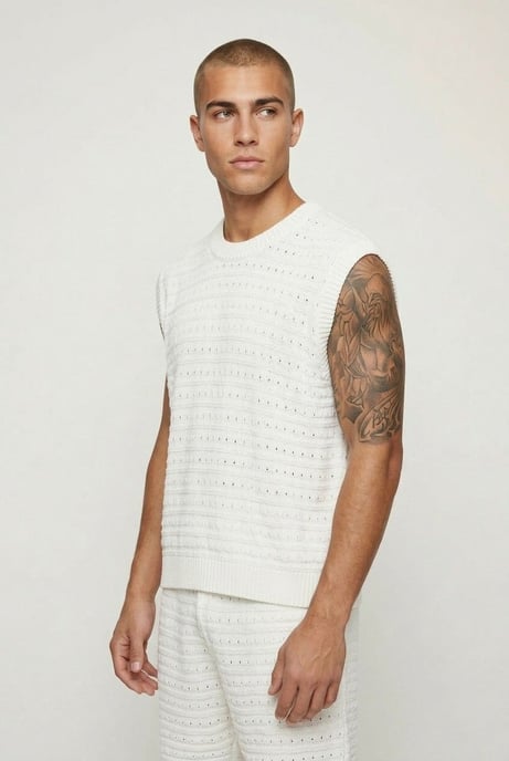 Oversized Open Stitch Cotton Blend Knitted Tank Short Set - Image 4