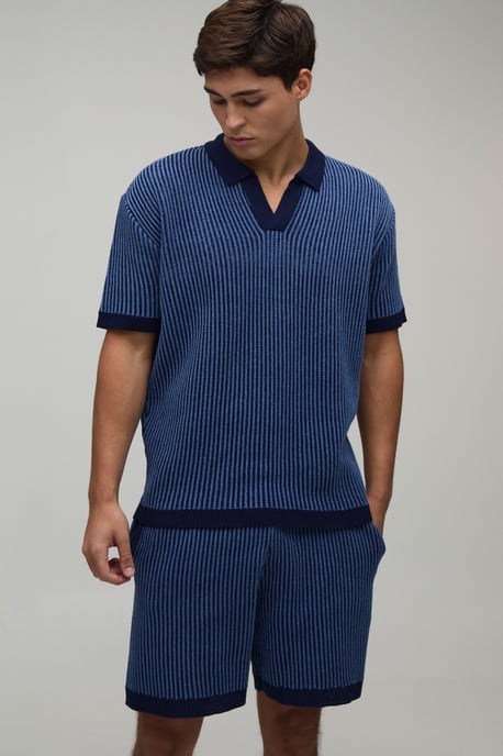 Relaxed V Neck Ribbed Polo and Short Knitted Set - Image 1
