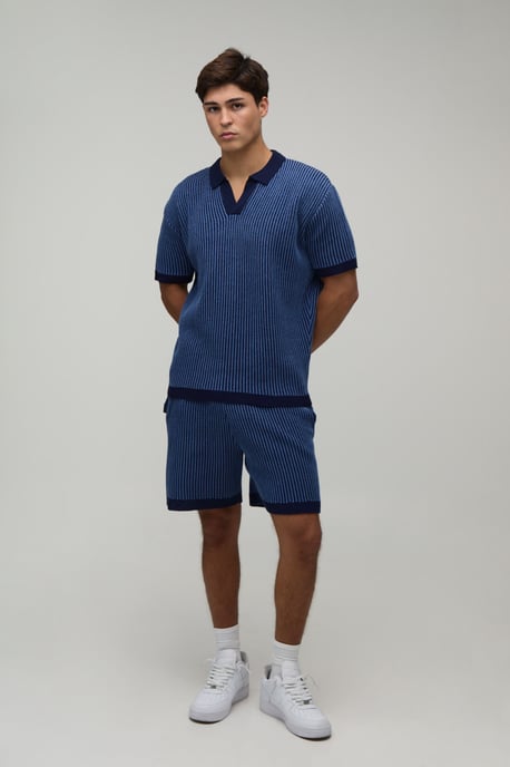 Relaxed V Neck Ribbed Polo and Short Knitted Set - Image 4