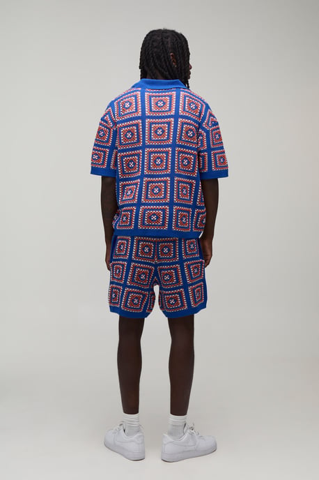 Oversized Boxy Crochet Patch Knitted Polo and Short Set - Image 2