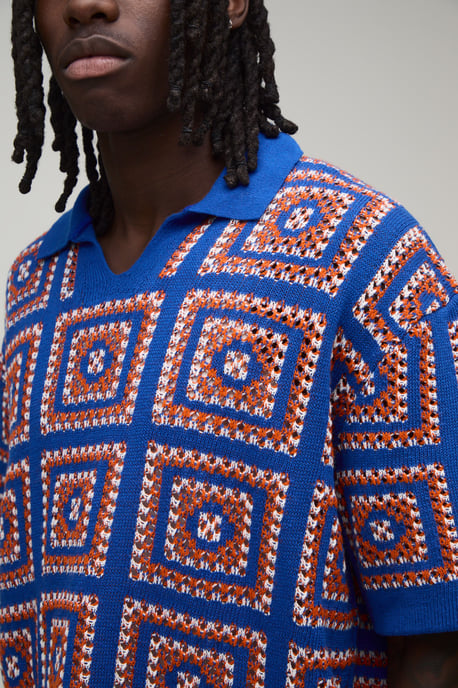 Oversized Boxy Crochet Patch Knitted Polo and Short Set - Image 3