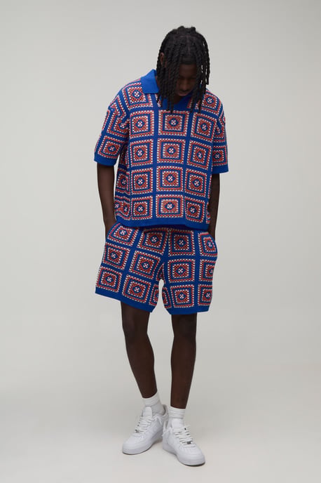 Oversized Boxy Crochet Patch Knitted Polo and Short Set - Image 4
