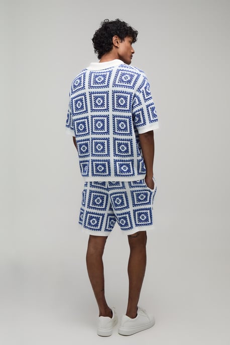 Oversized Boxy Crochet Patch Knitted Polo and Short Set - Image 2