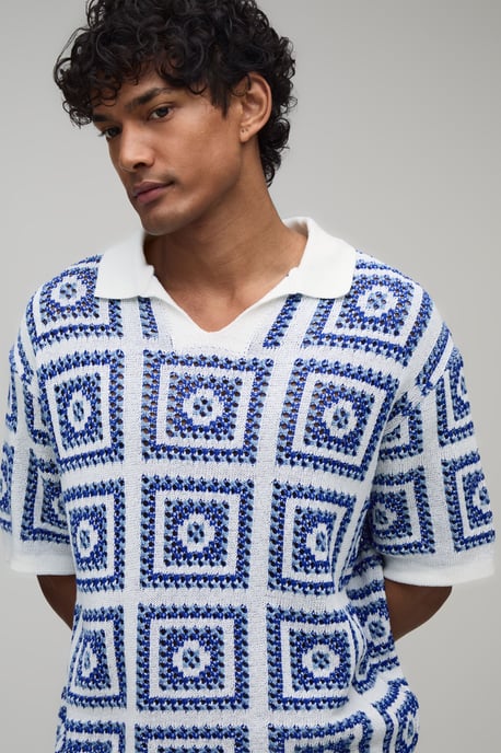 Oversized Boxy Crochet Patch Knitted Polo and Short Set - Image 3