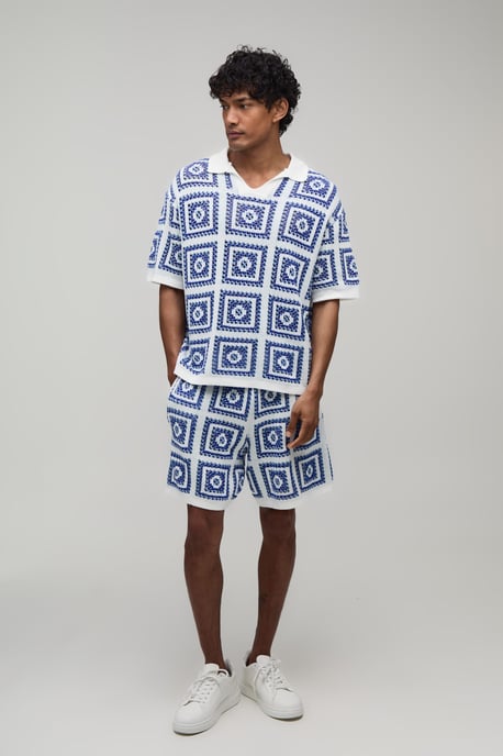 Oversized Boxy Crochet Patch Knitted Polo and Short Set - Image 4