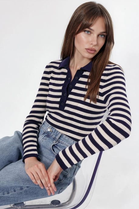 Striped Crew Neck Sweater with Button Detail - Image 1